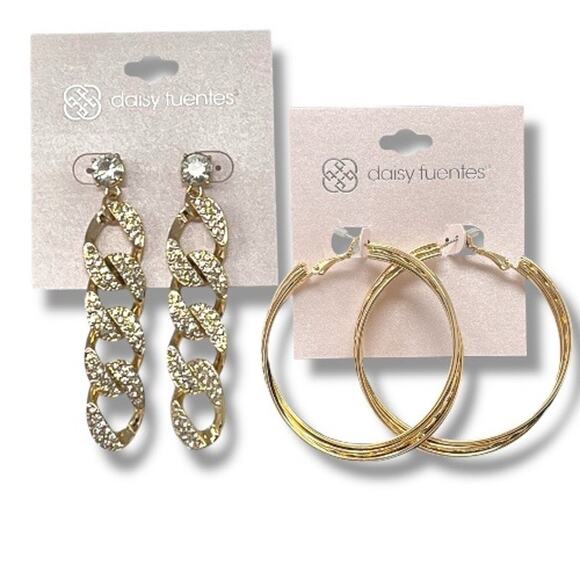 Daisy Fuentes Gold Tone Hoop and Crystal Chain Link Earrings Set (2 Pairs NWT) - Picture 1 of 6